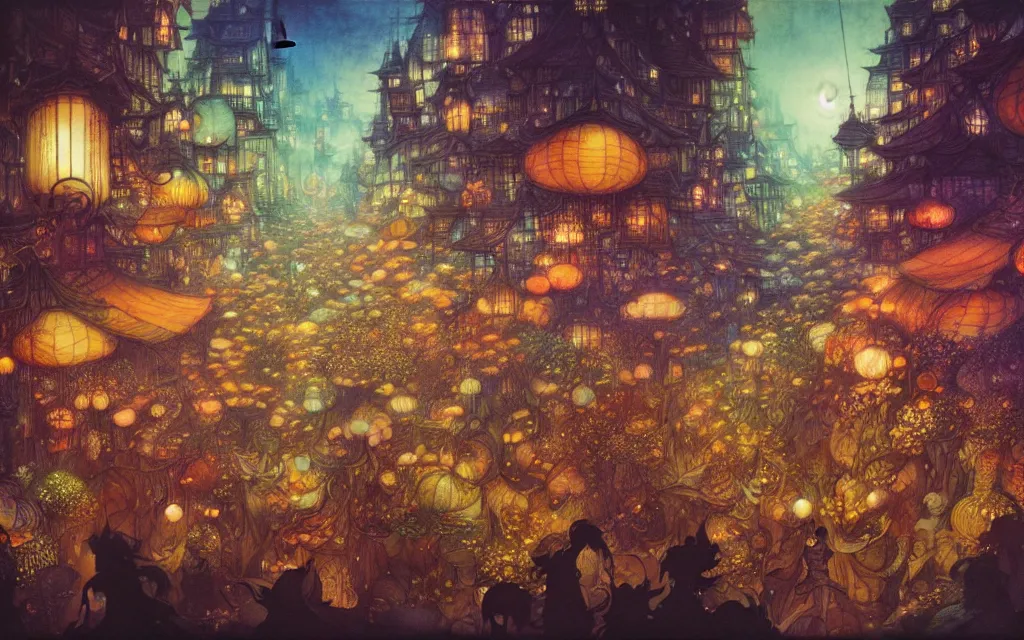 Prompt: night festival at the market, beautiful matte painting, brian froud, yoshitaka amano, kim keever, victo ngai, james jean. split - complementary color schemes