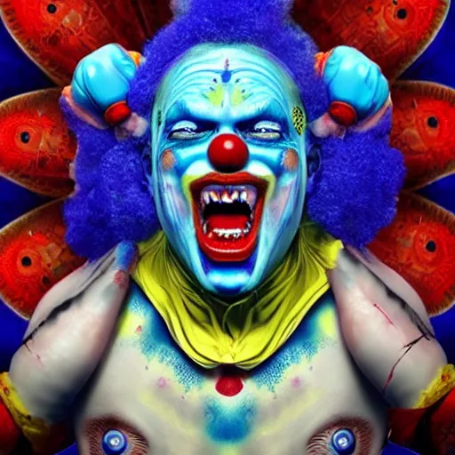 Image similar to 4K headshot of godlike clown with blue skin defined arms and open hands and bloody clothes with giant mandala wings , intricate clown face make-up , flawless anime cel animation by Kentaro Miura, psychedelic , highly detailed upper body , professionally post-processed , beautiful, scary, symmetry accurate features, epic, octane rendered, anime masterpiece, accurate