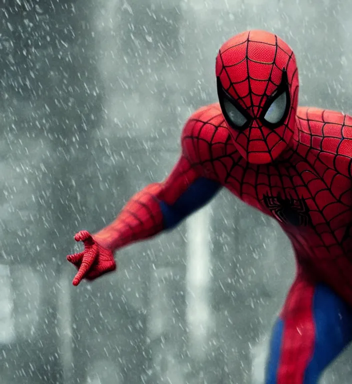 Image similar to cinematic of tobey maguire as spiderman, dramatic rain, 8 k