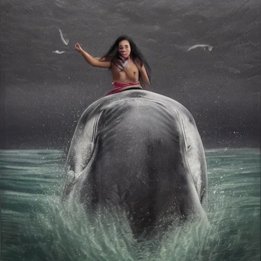 Prompt: maori girl riding a whale in ocean ,in the rain, style of Hiroshi Sugimoto ,atmospheric illustration,