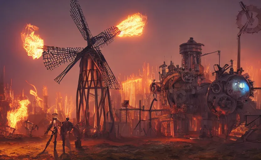 Prompt: a steampunk windmill, robot, fire, ash, electricity lightning, furry, soft, concept art, sharp focus, intricate details, highly detailed, photorealistic, disney pixar, octane render, iridescent, anime, 8 k