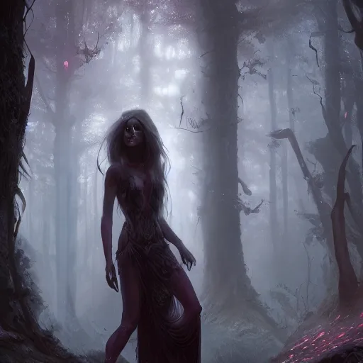 Prompt: a portrait of a gorgeous succubus in a bioluminescent ancient dark forest, greg rutkowski, 8 k, shallow depth of field, intricate detail, concept art,