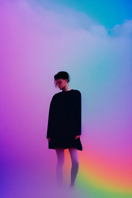 Image similar to high quality pastel coloured film photograph of a model wearing black clothing resting on cloud furniture clouds in a haze filled dreamstate world. three point light, rainbow. photographic production. art directed. pastel colours. volumetric clouds. pastel gradient overlay. waves glitch artefacts. 8 k. filmic.