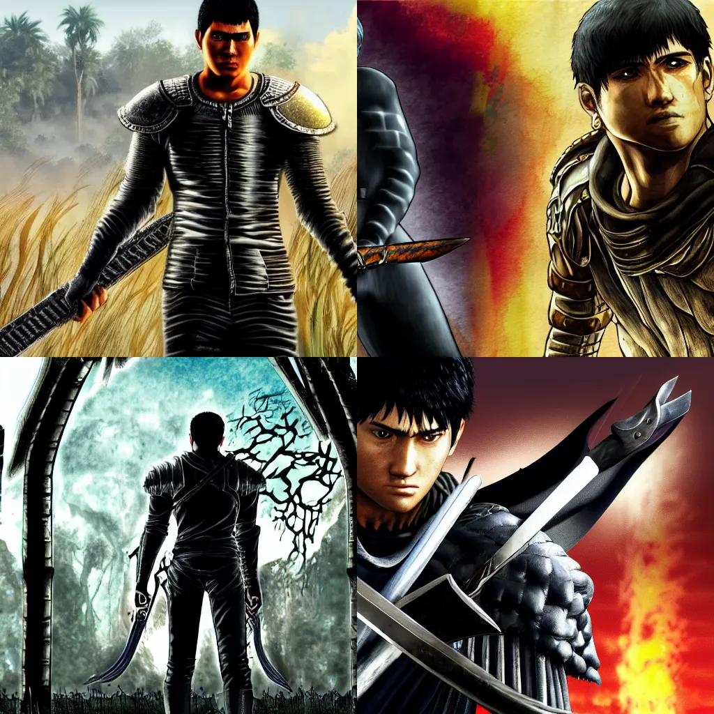 Prompt: guts the black swordsman ( from berserk ) in the gta v loading screen, masterpiece, 8 k, 4 k, art by stephen bliss