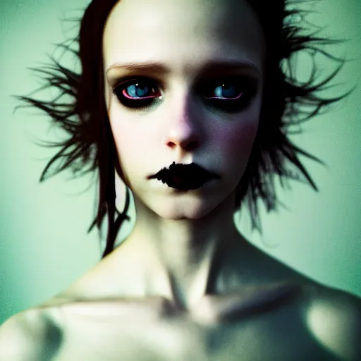 Image similar to photographic portrait of a stunningly beautiful english emo gothic female in soft dreamy light at sunset, soft focus, contemporary fashion shoot, in a tim burton movie, by edward robert hughes, annie leibovitz and steve mccurry, david lazar, jimmy nelsson, extremely detailed, breathtaking, hyperrealistic, perfect face, octane render