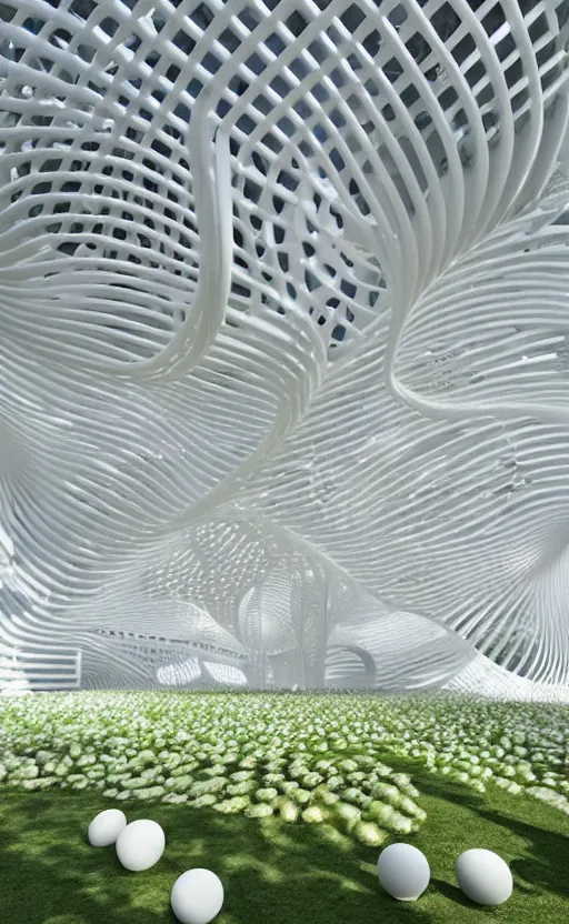 Image similar to elegant white art 3 d printed parametric installation with playful surreal tall lemon groves, beautiful sunny day, fluidity, vincent callebaut, mamou - mani, innovative voronoi pavilion with huge white magnolias above