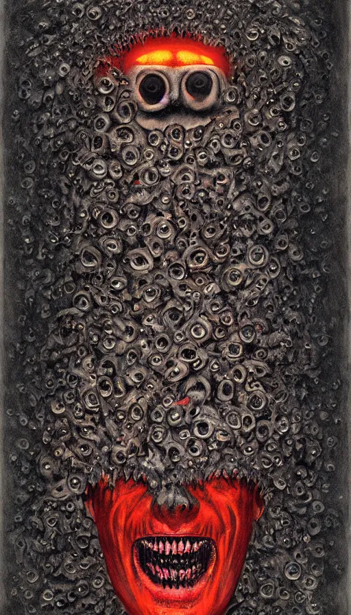 Prompt: a storm vortex made of many demonic eyes and teeth, by dan witz