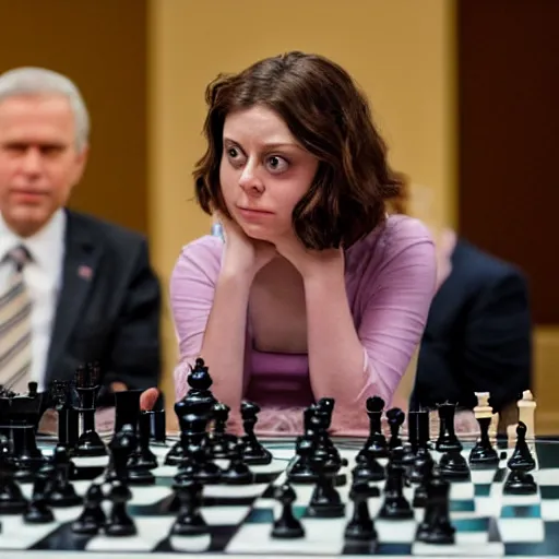 Image similar to actress rachel bloom playing chess against president george w. bush, 4 th game of world chess championship 2 0 2 1, super high quality digital photograph dslr