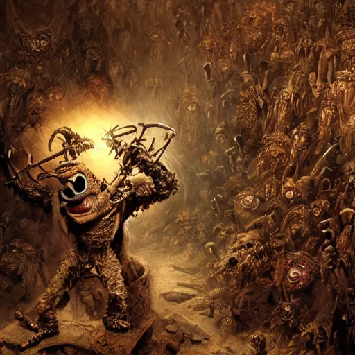Image similar to muppets being tortured in hell with trumpeters and demons, intricate detail, royo, vallejo, frazetta, giger, whealan, hd, unreal engine,