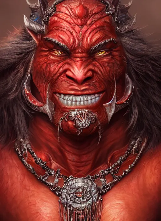 Image similar to red skin, orc, smiling, beautiful detailed eyes, cute, fantasy, intricate, elegant, highly detailed, digital painting, 4k, HDR, concept art, detailed jewelry, smooth, sharp focus, illustration, by Wayne Reynolds