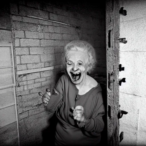 Image similar to scary old lady laughing in an abandoned prison, security camera, black and white, real