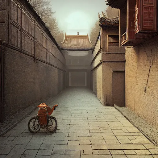 Prompt: an old Beijing street by Zdzisław Beksiński and Simon Stålenhag,In style of digital illustration art,Rembrandt lighting,Ray tracing,hyper detailed,sharp focus,Soft light.4k