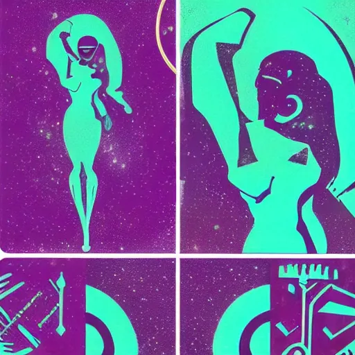 Image similar to art deco of a space woman, teal palettes, Alien horror inspired, random