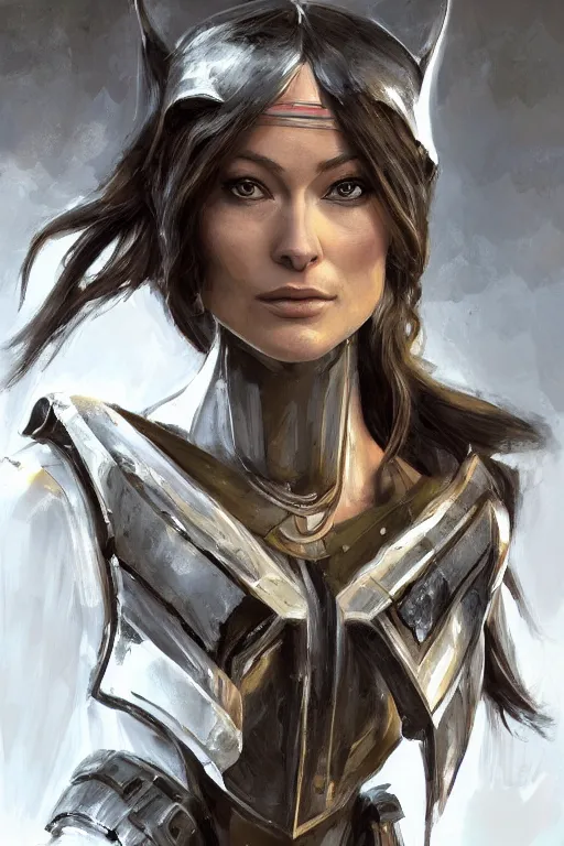 Image similar to a professional painting of a young Olivia Wilde, clothes in military armor, olive skin, long dark hair, beautiful bone structure, symmetrical facial features, intricate, elegant, digital painting, concept art, smooth, sharp focus, illustration, from StarCraft by Ruan Jia and Mandy Jurgens and Artgerm and William-Adolphe Bouguerea