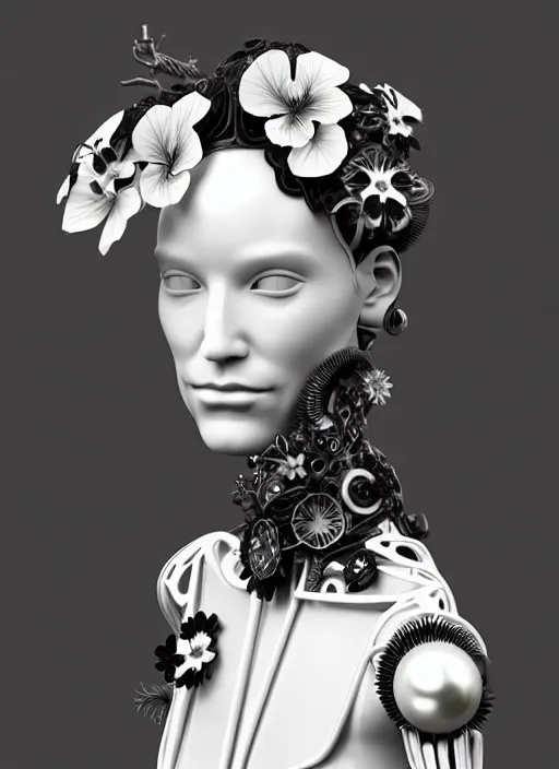 Image similar to black and white 3 d model, biomechanical female cyborg with porcelain profile face and a big floral eye, big leaves foliage and stems, morning glory flowers, hibiscus flowers, boho floral vines, sinuous fine roots, fine filigree foliage lace, alexander mcqueen, rim light, art nouveau fashion pearl embroidered, steampunk, redshift render, 8 k