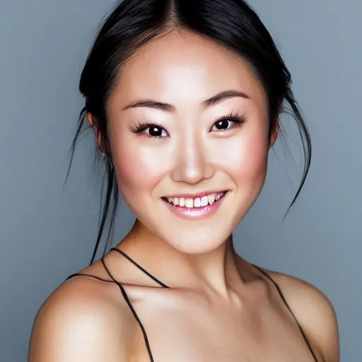 Image similar to beautiful portrait karen fukuhara bald neutral expression face straight on headshot even lighting