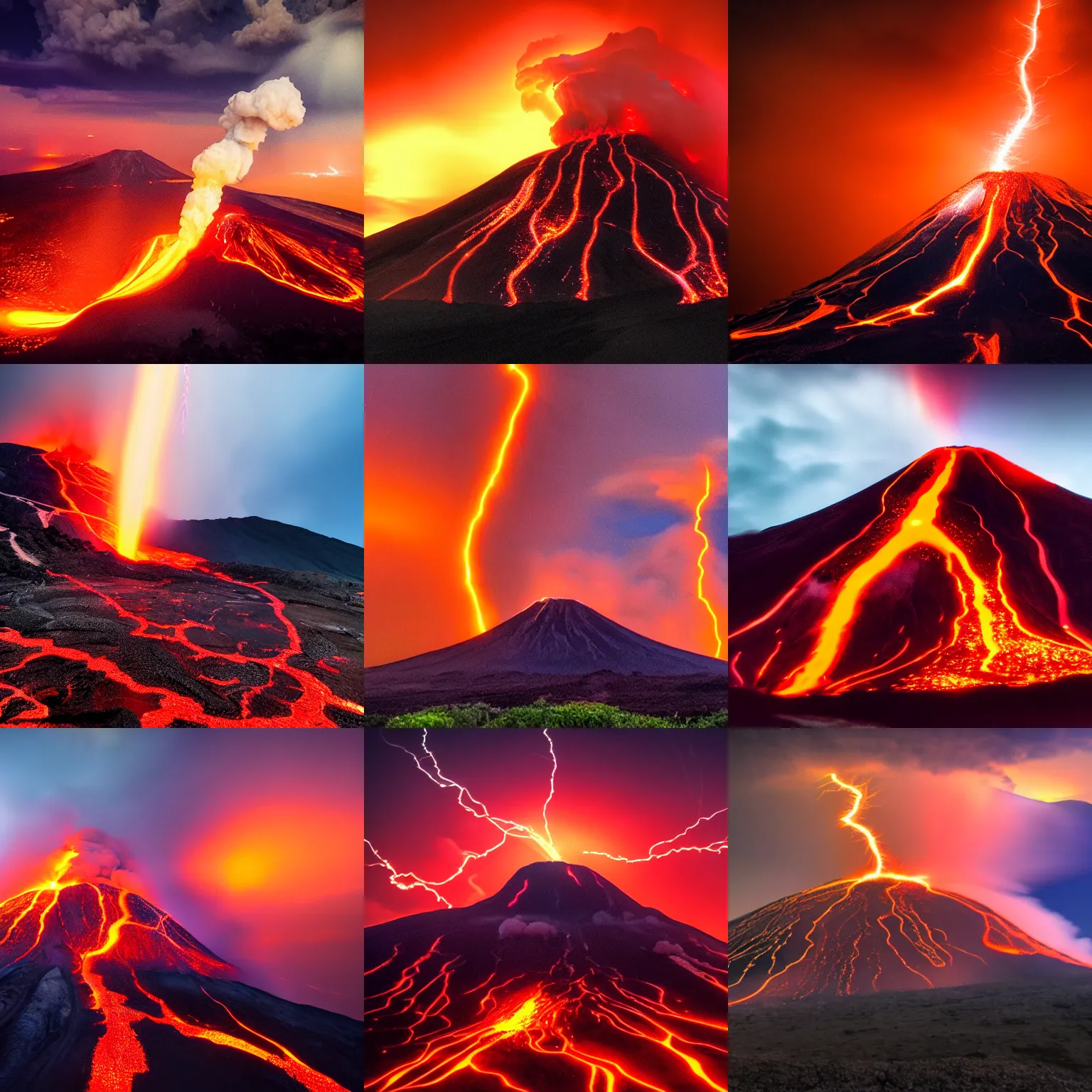 Prompt: an extremely detailed volcano spewing lava and black smoke, from below, streams of glowing hot lava, hot air refraction, flashes of lightning in the distance, wide shot, long shot, photo by wayne barlow, sunset, soft lighting, beautiful, artstation