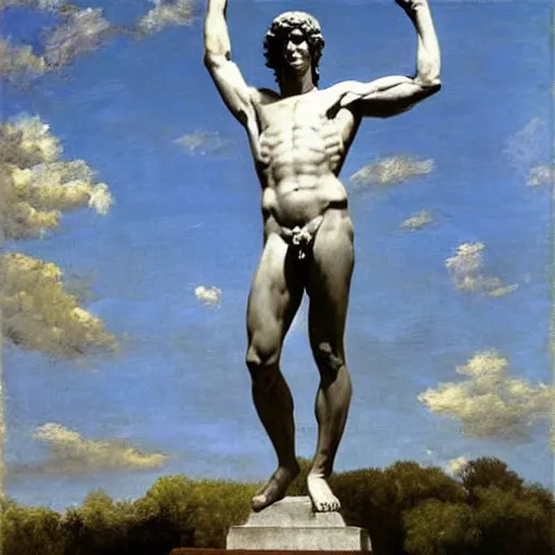 Image similar to statue of david Michelangelo stands in Rye, Rye (Shishkin), painting by Ivan Shishkin, David (Michelangelo) painting by Valentin Serov, oil painting, high resolution, hyperrealism
