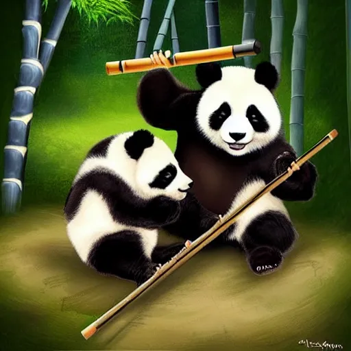 Prompt: a cute panda playing the wooden flute, in a bamboo forest. Digital art trending on art station