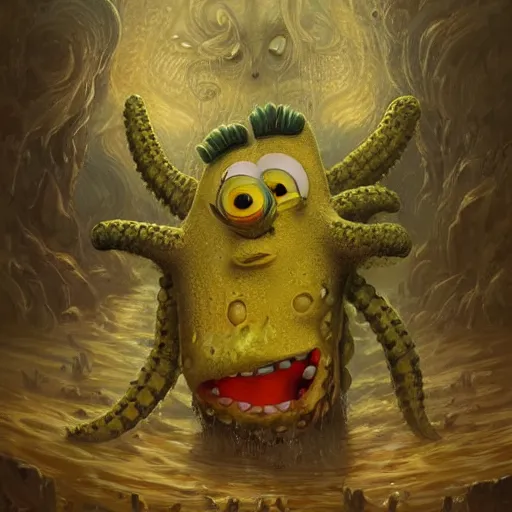 Image similar to portrait of Spongebob as a large Lovecraftian monster, fantasy, intricate, elegant, highly detailed, digital painting, artstation, concept art, smooth, sharp focus, illustration, art by artgerm and greg rutkowski