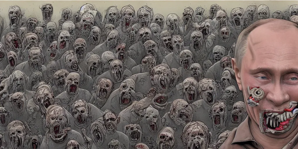 Image similar to vladimir putin's face is eaten by worms, in the background an army of zombies with their mouths sewn shut with wire in the shape of the letter z, drawn in the style of ralph mcquarrie, photorealistic, hyperdetailed