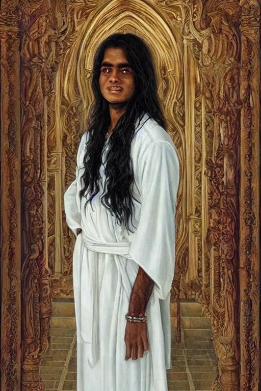 Image similar to sri lankan boy with long hair in white robes, art by Giancola, Donato