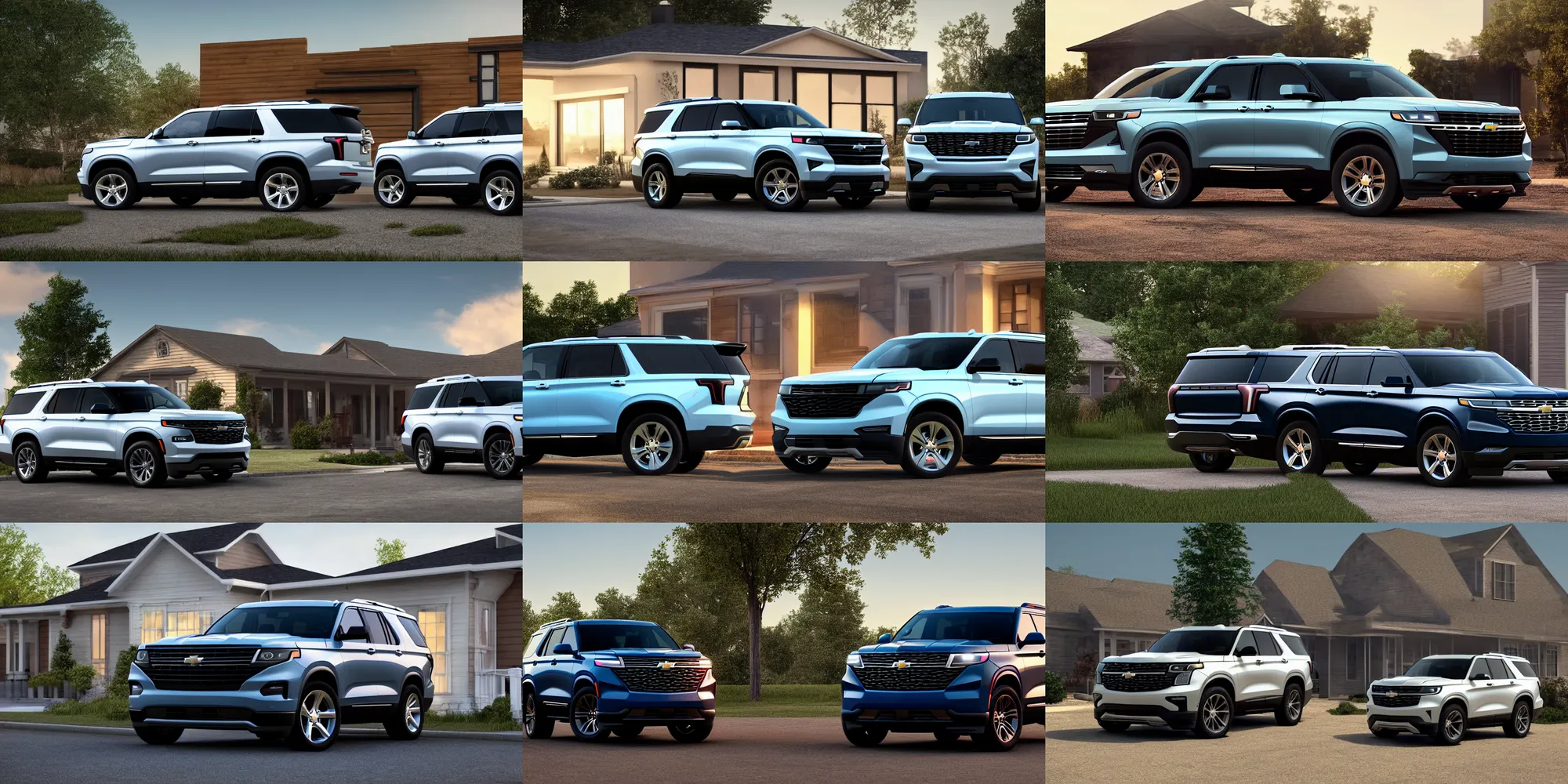 Prompt: an suv inspired by a 2 0 2 2 chevrolet tahoe and 2 0 2 2 ford explorer parked in front of a house, a digital rendering by the family circus, trending on cg society, regionalism, ue 5, rendered in unreal engine, ultrafine detail