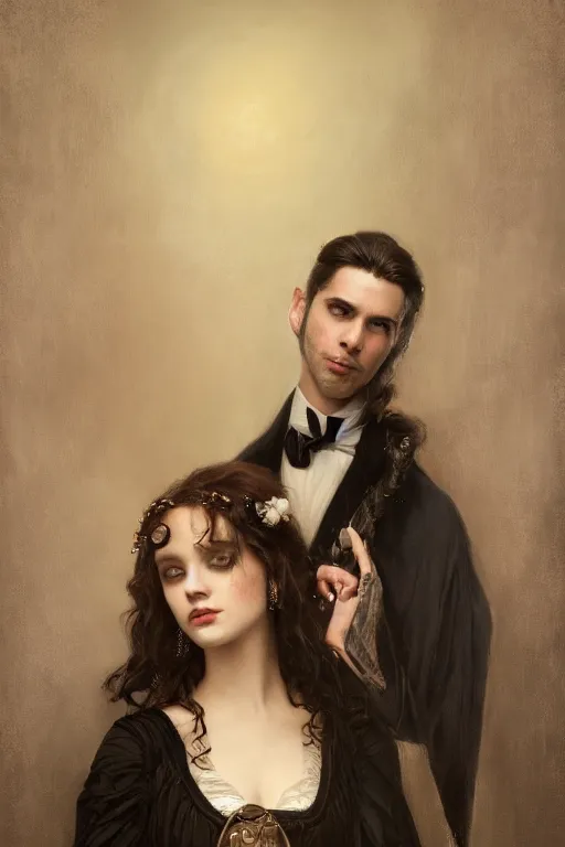 Prompt: a portrait of handsome young male vampire with long hair and his elegant beautiful dark bohemian wife, bored, illustration, dramatic lighting, soft details, painting oil on canvas, art nouveau, octane render, HDR, 4k, 8k, HD, by Edmund Blair Leighton, Brom, Charlie Bowater, trending on artstation, faces by Tom Bagshaw, Sargent