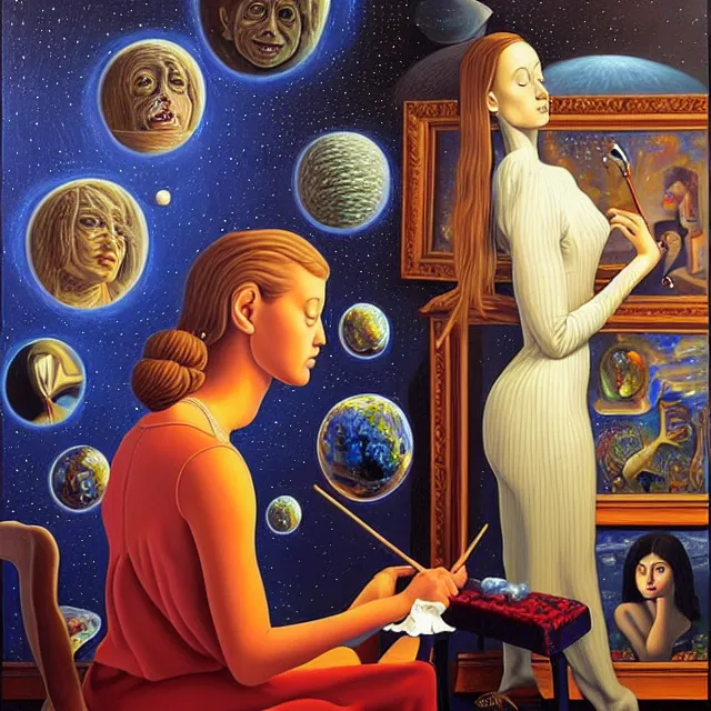 Prompt: an oil on canvas portrait of a man painting a portrait of a beautiful woman surrounded by paintings, surrealism, surrealist, cosmic horror, rob gonsalves, high detail