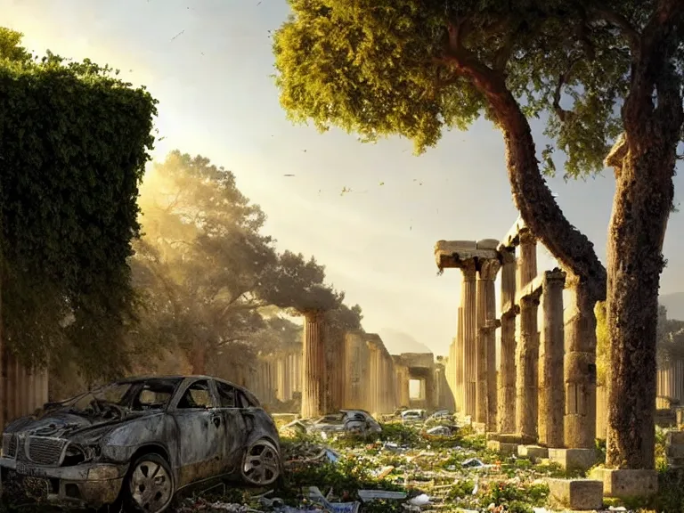 Image similar to tree growing in ancient greek ruins, gray wasteland, many scrap cars, plastic waste, rubble, pillars, flowers, vines, hyperrealistic, highly detailed, cinematic, single ray of golden sunlight, beautiful, cgssociety, artstation, 8 k, oil painting by greg rutkowski, by artgerm, by wlop