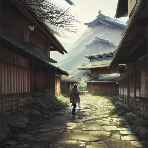 Prompt: walking around rural shirakawa - go, gifu, japan. volumetric lighting, spring late morning, nice slight overcast weather, realistic illustration, perfectly shaded, soft painting, low angle, art by krenz cushart and wenjun lin