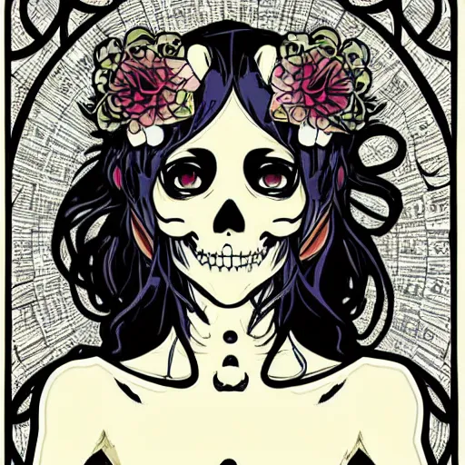 Image similar to anime manga skull portrait young woman skullmask mask fairytale comic skeleton illustration style by Alphonse Mucha pop art nouveau