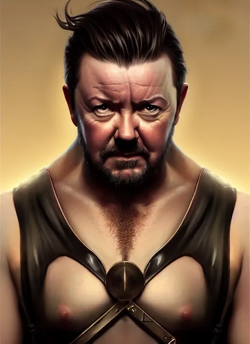 Image similar to portrait of ricky gervais, d & d, muscular! fantasy, intricate, elegant, highly detailed, digital painting, artstation, concept art, smooth, sharp focus, illustration, art by artgerm and greg rutkowski and alphonse mucha