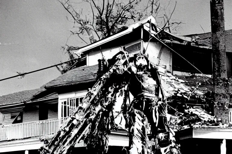 Prompt: A terrible clown chainsaw falls from the roof of a wooden house, 1960, black and white photography