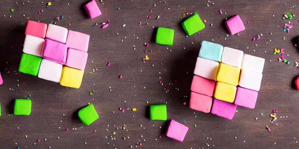 Prompt: photograph of a marshmallow cube with sprinkles and on a dark wooden chopping board, pastel colours, hessian cloth, styled food photography, photorealistic, 4 k