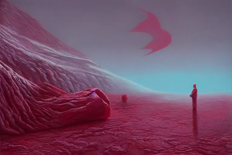 Image similar to surreal frozen landscape, painting by beeple and zdzisław beksinski, red color scheme, a matte painting by li shida, cgsociety, context art, redshift, matte painting, reimagined by industrial light and magic