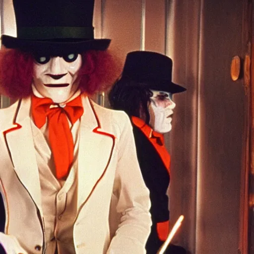 Image similar to Ronald McDonald as Alexander DeLarge, A Clockwork Orange, droog, eyelashes, milk plus, Korova Milkbar, 1971 film, Stanley Kubrick, hooligan