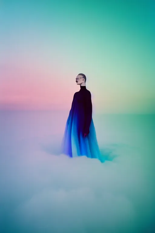 Image similar to high quality pastel coloured film close up wide angle photograph of a model wearing clothing swimming on cloud furniture in a icelandic black rock!! environment in a partially haze filled dreamstate world. three point light, rainbow. photographic production. art directed. pastel colours. volumetric clouds. pastel gradient overlay. waves glitch artefacts. extreme facial clarity. 8 k. filmic.