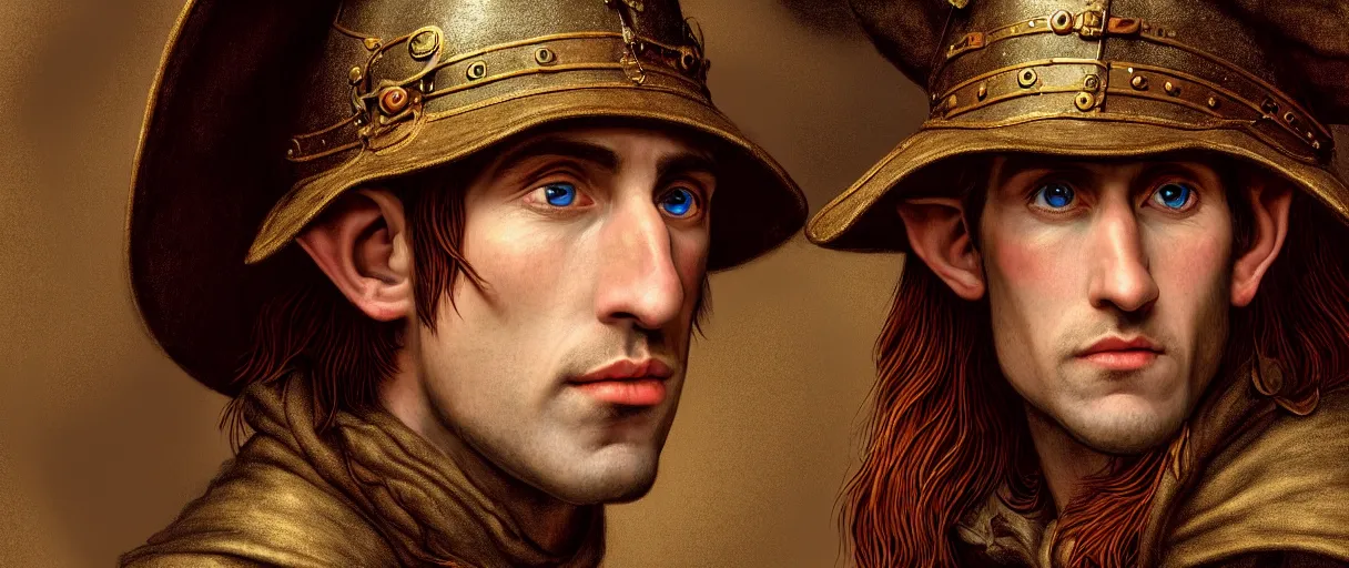 Image similar to hyperrealist highly detailed english medieval portrait of a very handsome half-elf bard, wearing a hat and expensive clothes, concept art pascal blanche dramatic studio lighting 8k wide angle shallow depth of field