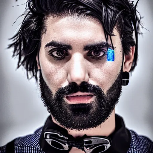 Image similar to bust portrait of handsome proud man with short black hair with some grey hair, very short full beard warrior, cyberpunk, fashion editorial photography, neon color scheme, waist up, low angle