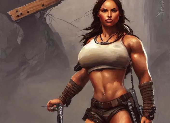 Prompt: portrait of lara croft as a beautiful female bodybuilder amazon with plump lips, elegant, fantasy, hd shot, digital portrait, beautiful, artstation, comic style, by artgerm, guy denning, jakub rozalski, magali villeneuve and charlie bowater