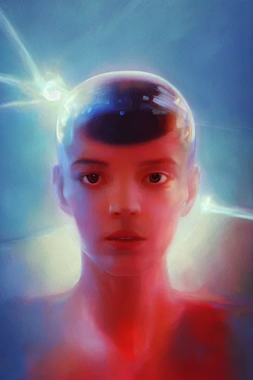 Image similar to 3 d, sci - fi, morning, sleepy fashion model face, sun rays, cinematic, lightning clouds, vogue cover style, stanley kubrick, light red and deep blue mood, realistic painting, intricate oil painting, high detail, figurative art, multiple exposure, poster art, 3 d, by tooth wu and wlop and beeple and greg rutkowski