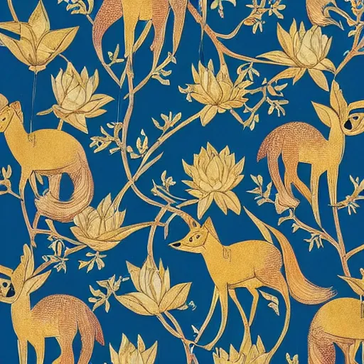 Prompt: Gilded lotus princess, 🦊 ivy, oriental wallpaper, 🌌james jean