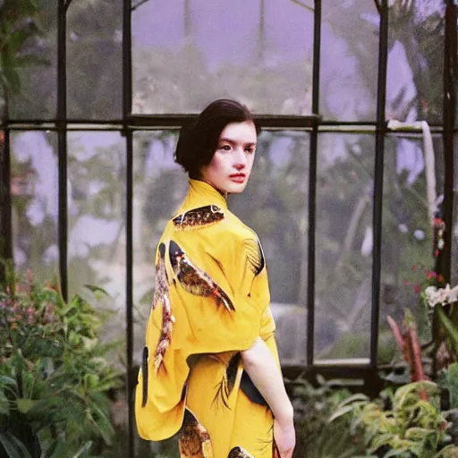 Prompt: head to shoulder portrait Polaroid film photograph of an elegant top model wearing a yellow kimono with a very detailed barn owl on her shoulder!!! in a tropical greenhouse. looking at the camera!!. super resolution. Polaroid 600 film. art by Alessio albi and john william waterhouse and John Singer Sargent and jules lefebres and Cristina Fontsare