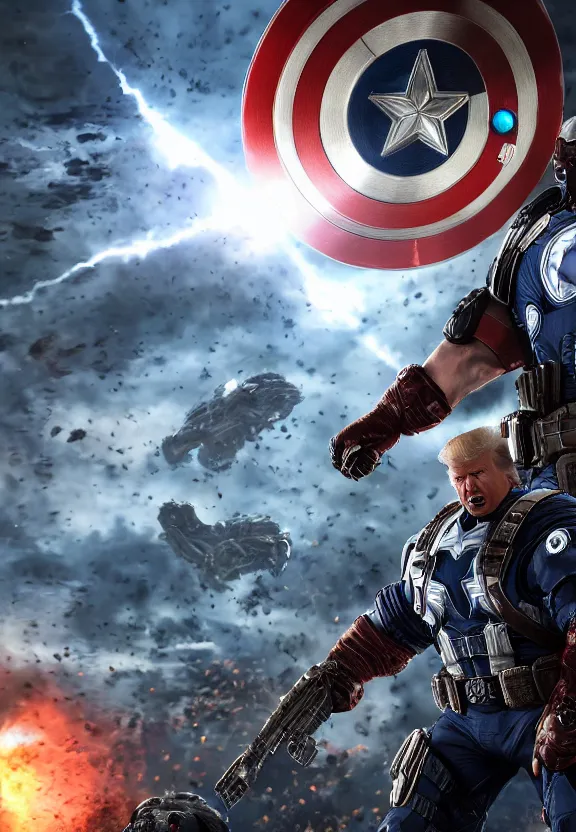 Image similar to Portrait of Donald Trump as captain america in Gears of War, splash art, movie still, cinematic lighting, dramatic, octane render, long lens, shallow depth of field, bokeh, anamorphic lens flare, 8k, hyper detailed, 35mm film grain