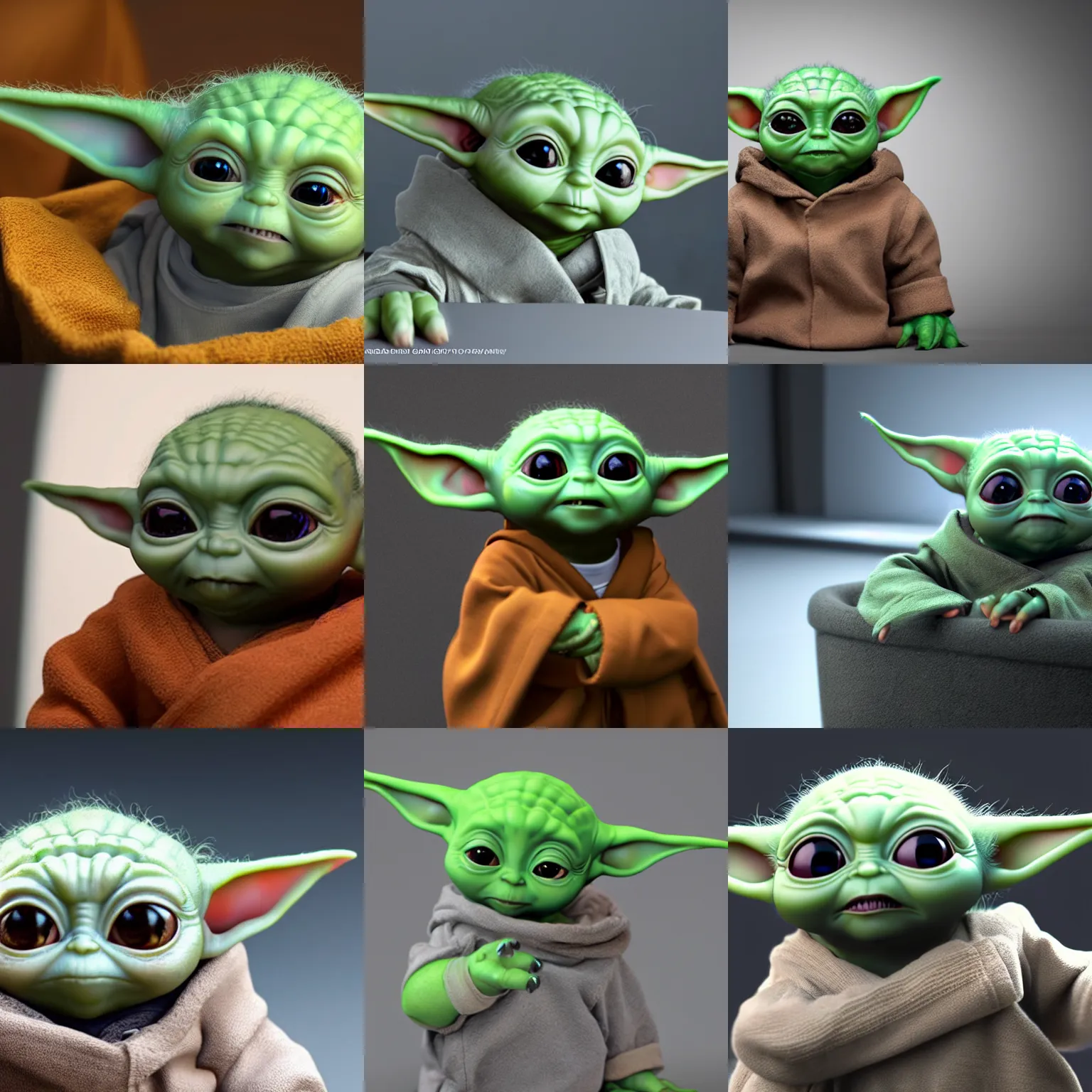 Prompt: still photo of baby yoda, studio lighting, photorealistic portrait, unreal engine 5 quality render, highly detailed, bright studio setting, crisp quality and light reflections