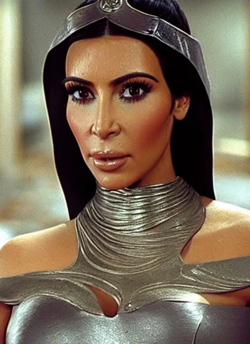 Prompt: film still of kim kardashian as princess leigha in star wars,