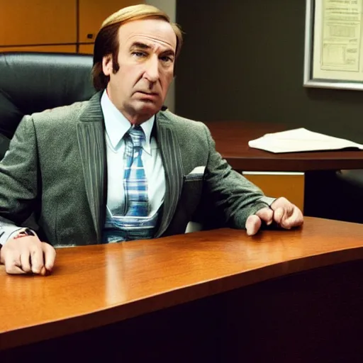 Prompt: Saul Goodman sit in the back of his office desk