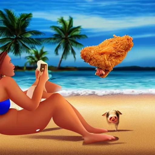 Prompt: lady in bikini on the beach eating southern fried chicken, while a pig watches her, photorealistic