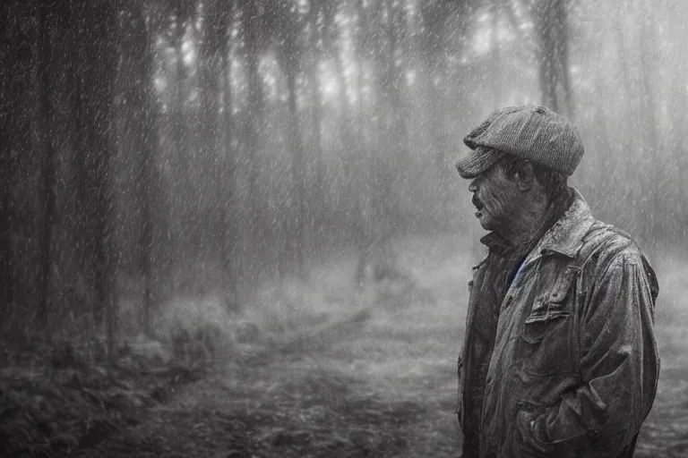 Prompt: a cinematic headshot portrait of a farmer, stood outside a wooden cabin, raining, shallow depth of field, dramatic lighting, by krenz cushart